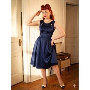 Trashy Diva Womens Orlando Dress in Cobalt Blue Satin 2 Retro 50s Style